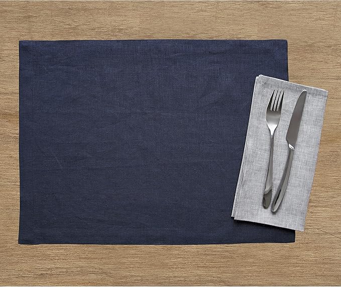 Solino Home Linen Navy Blue Placemats Set of 6-100% Pure Linen Placemats 14 x 19 Inch for Winter, Spring, Easter - Fete