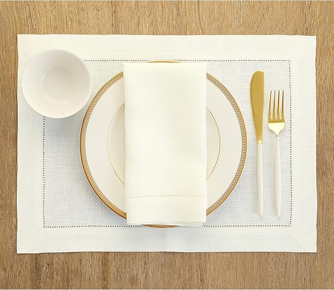 Solino Home Ivory Linen Napkins Set of 4-100% Pure Linen Hemstitch Dinner Napkins 20 x 20 Inch for Spring, Easter - Classic Hemstitch