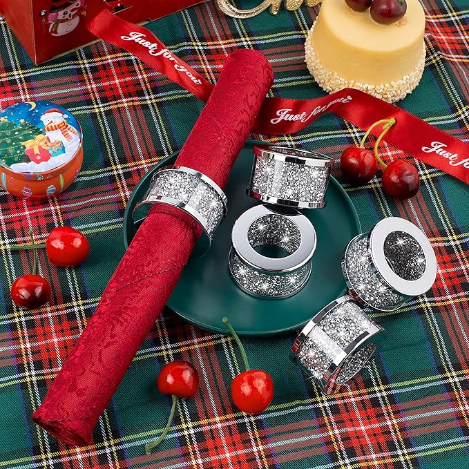 SHYFOY Silver Diamond Napkin Ring Set of 12 Pieces, Crystal Glass Framed Napkin Holder Ring, Dinning Cloth Decor for Dinner Party Tabletop Settings Glam Serviette Buckles Home Decor