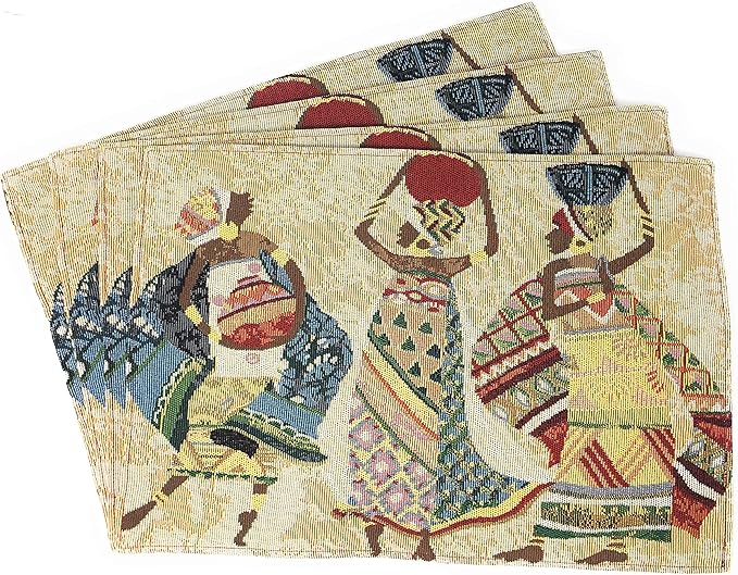 DaDa Bedding Dancing Women Tapestry Dining Table Placemats - Set of 4-Pieces Festive Celebrate Kwanzaa - Tribal African Tribal Culture - Decorative Cotton Linen Woven Kitchen Mats - 13” x 19” (18117)