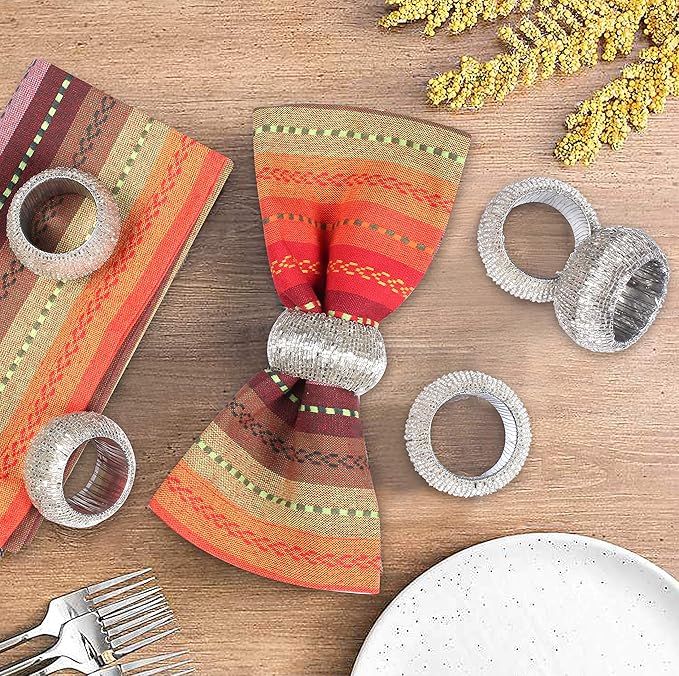 Lightnpro Beaded Napkin Ring Set of 12 - Elegant Decorative Napkin Holder for Dining Table Decor, Weddings, Banquets, Birthday Parties, Thanksgiving, Special Occasion, Holiday & Everyday Use - Silver