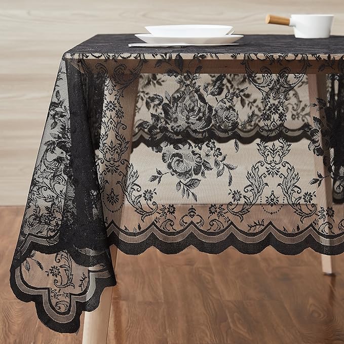 Warm Home Designs 60 x 104 Lace Tablecloth. Black Rectangle Tablecloth with English Rose Design. Rectangular Tablecloth, Rustic Tablecloth or Dining Table Cover for 8-10 Guests. LTC Black 104"
