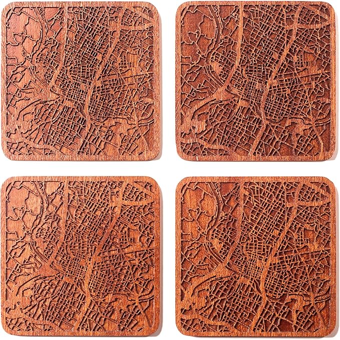 Austin Map Coaster by O3 Design Studio, Set Of 4, Sapele Wooden Coaster With City Map, Handmade