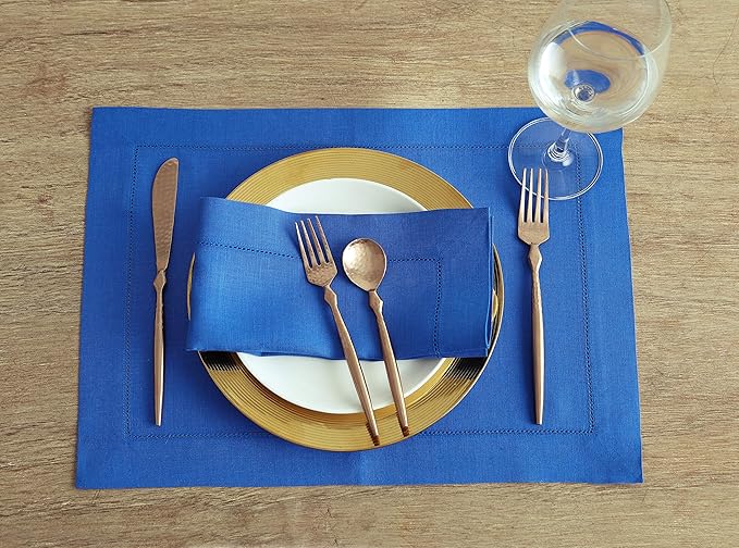 Solino Home Linen Napkins Set of 4 - Classic Hemstitch 100% Pure Linen Royal Blue Dinner Napkins Cloth 20 x 20 Inch - Handcrafted and Machine Washable - Winter, Spring