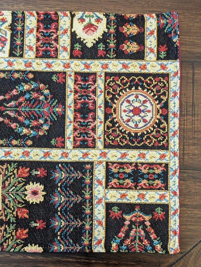 DaDa Bedding Turkish Batik Mughal Floral Tapestry Set of 4 Placemats - Woven Cotton Linen Kitchen Dining Table Mats - Multi-Colorful Black Vintage Indian Garden Ornament Dark Botanical - 13” x 19”
