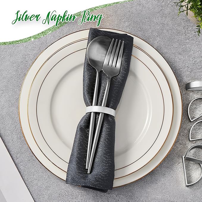 APTWOW Silver Napkin Rings Set of 6, Semicircle Metal Napkin Holder Buckles, Fall Thanksgiving Christmas Napkins Rings for Dinner Table Decor, Wedding, Banquet