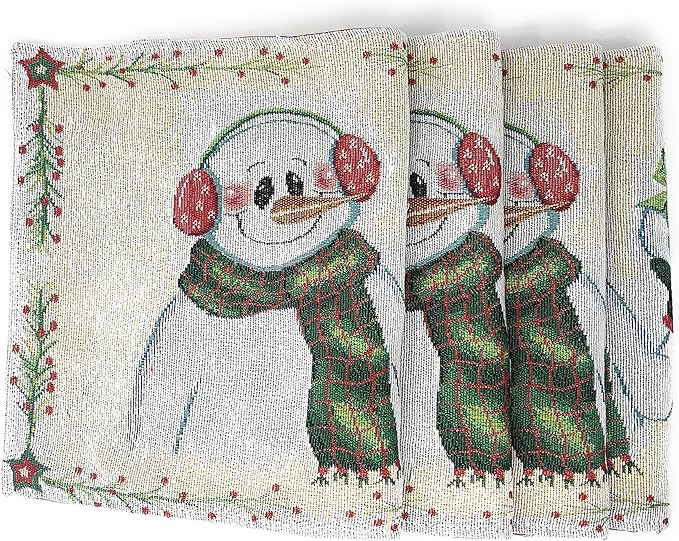 DaDa Bedding Magical Snowman Placemats - Set of 4 Festive Holiday White Tapestry - Cotton Linen Woven Dining Table Mats - 13” x 19” (9733)