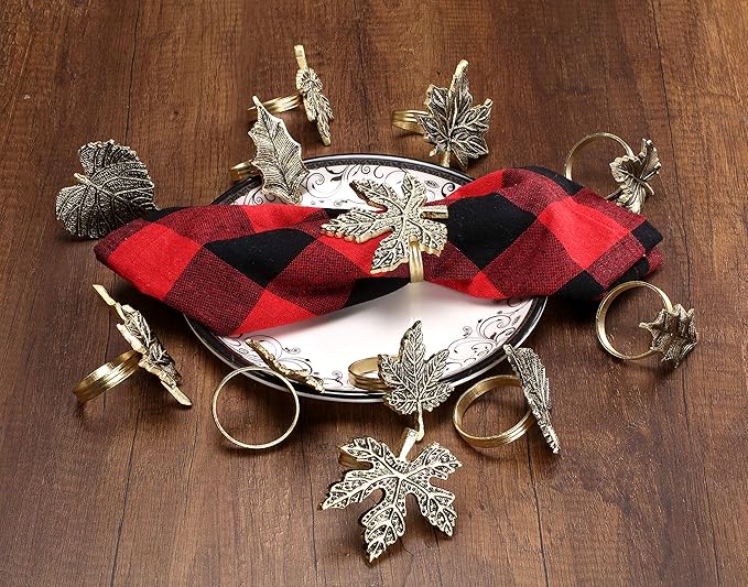 ALPHA Living HOME 12-Piece Metal Napkin Rings - Antique Gold Harvest Leaf Napkin Rings - Decorative Table Accents for Holiday Party, Dinner, Family Gatherings, Table Décor Weddings & Everyday Use