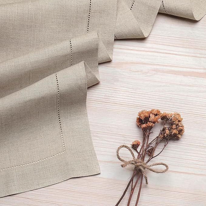 D'Moksha Homes Linen Natural Table Runner 60 Inches - Classic Hemstitch, 100% Pure Linen Coffee Table Runner 14 x 60 Inch Ideal for Dresser Tables, Valentines, Spring, Easter
