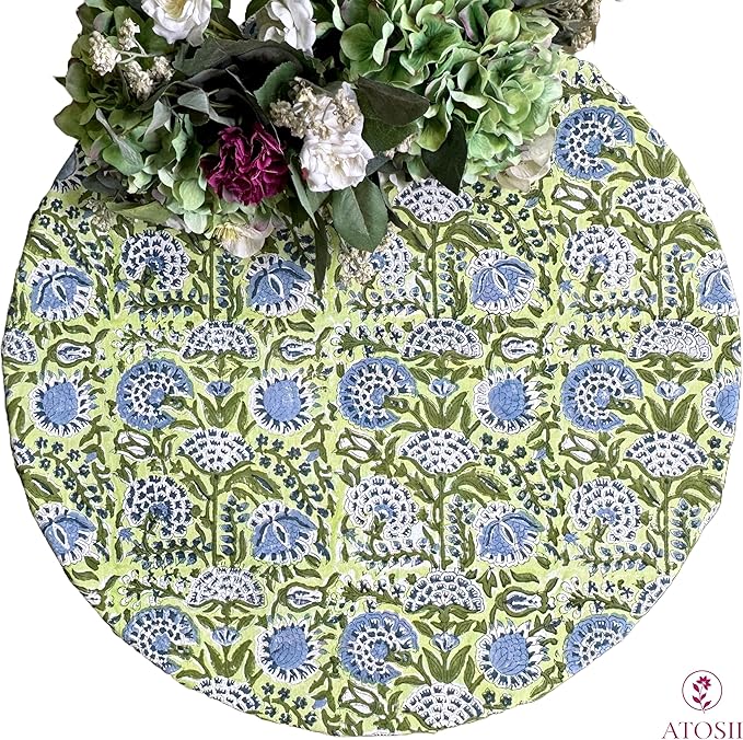 ATOSII Amara 100% Cotton Round Summer Tablecloth, Handblock Print Floral Table Cloth for Kitchen Dining Linen I Parties, Weddings, Outdoors I Grand Millennial Farmhouse Home Decor 90" Inches Round
