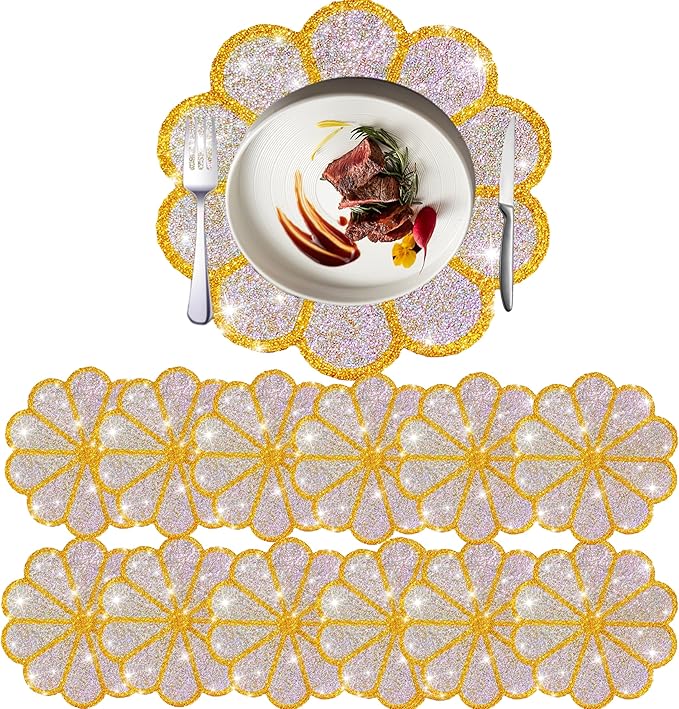 Washable Waterproof Diamond Circle Placemats for Round Tablescape Decor for Dinner and Kitchen Bling Placemats for Weddings & Special Events-12 PCS (Yellow)