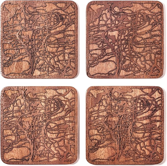 Prague Map Coaster by O3 Design Studio, Set Of 4, Sapele Wooden Coaster With City Map, Handmade