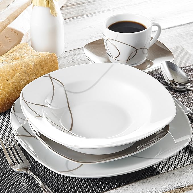 VEWEET 'Nikita' 30-Piece Dinner Set Ivory White Brown Lines Porcelain China Ceramic Combination Sets of Dessert Plates/Soup Plates/Dinner Plates/Cups/Saucers Service for 6