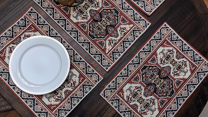 DaDa Bedding Majestic Red Kilim Rug Dining Table Placemats - Set of 4-Pieces Tapestry Cotton Kitchen Mats Royal Persian Tradtional Design - Elegant Intricate Multi-Colorful Floral Ornate - 13” x 19”