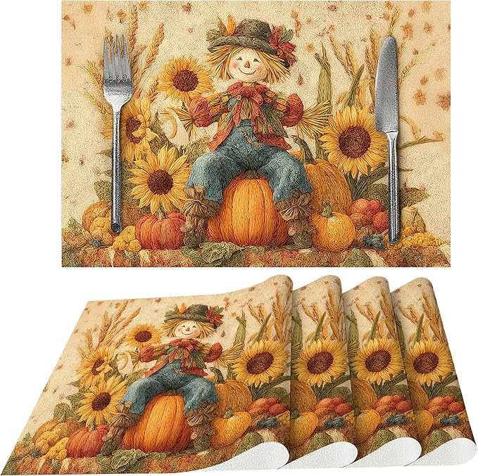 Thanksgiving Scarecrow Placemats Set of 4 Washable Table Place Mats for Dining Kitchen Party Decor