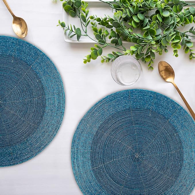 Lightnpro Glitz Beaded Charger Placemat - Turquoise Blue Placemat Set of 4, Handmade Round Table Mats - Christmas Xmas Dining Harvest Fall Holiday Celebration Festive Party Table Décor - 13 inch