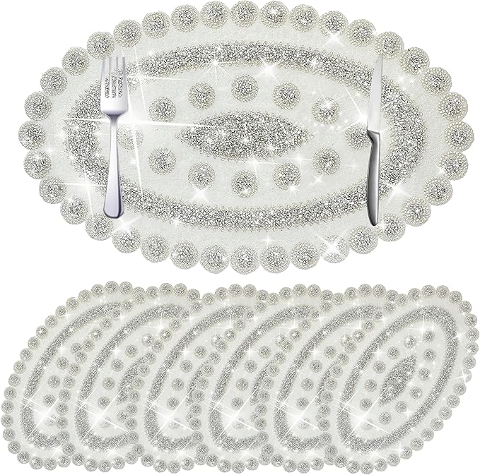 Sparkling Silver Diamond Placemats Bling Oval Place Mat Heat Elegant Table Decor for Weddings, Holidays, and Special Events (15x9 Inch)-6 PCS