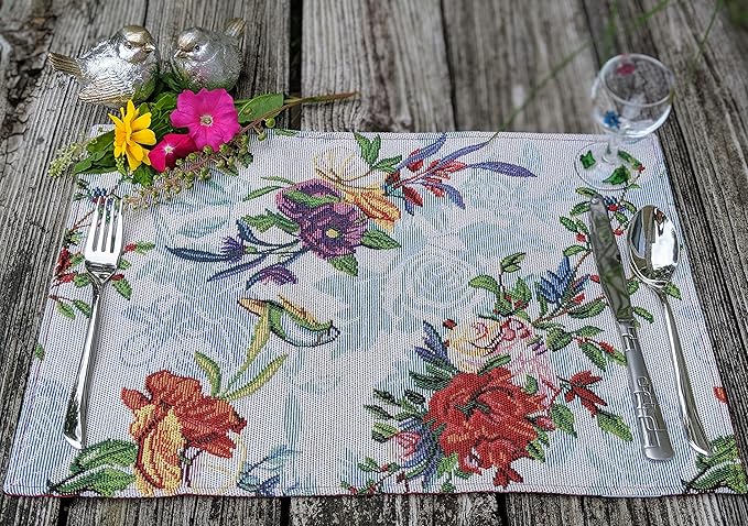DaDa Bedding Tropical Paradise Floral Blue Roses Placemats - Set of 4 Tapestry Nature Birds Exotic Flowers Botanical Garden Berries - Decorative Linen Woven Kitchen Dining Table Mats - 13” x 19”