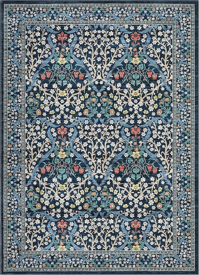 GarveeHome Floral Area Rugs 5x7, Dark Blue Washable Rug for Living Room, Bedroom, Low Pile Non Slip Stain Resistance Indoor Boho Carpet Mat for Farmhouse, Dining Room, Office