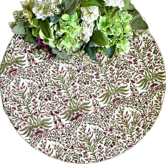 ATOSII Nargis Pink 100% Cotton Round Block Print Summer Tablecloth, Floral Table Cloth Linen for Dining Parties Weddings Outdoors Holidays I 60" Inches Round, 4 Seater I Grandmillennial Farmhouse Boho
