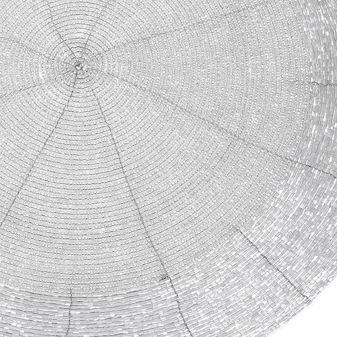 Lightnpro Beaded Placemats Set of 4-13 Inch Round Handmade Table Chargers - Rustic Farmhouse Glitz Table Décor for Dining Room, Christmas, Thanksgiving, Easter & Special Events- Whitish Silver