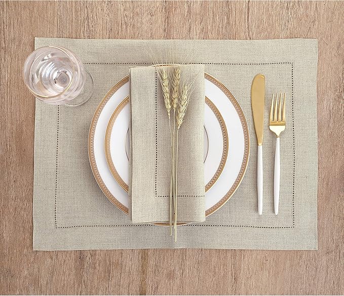 Solino Home Linen Placemats Set of 6 - Classic Hemstitch Natural Placemats 14 x 19 Inch - 100% Pure Linen Table Mats for Spring, Easter