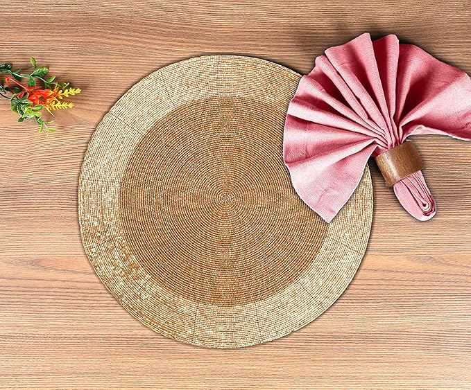 Lightnpro Handmade Beaded Placemats Set of 4 - Round Charger Mats - Farmhouse Style Table Decor for Dining, Wedding, Holiday, and Special Occasions - Elegant Glitz Table Setting - 13 Inch Gold