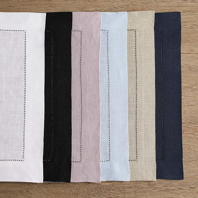 Solino Home Linen Placemats Set of 4 - Classic Hemstitch White Placemats 14 x 19 Inch - 100% Pure Linen Table Mats for Winter, Valentines, Spring, Easter