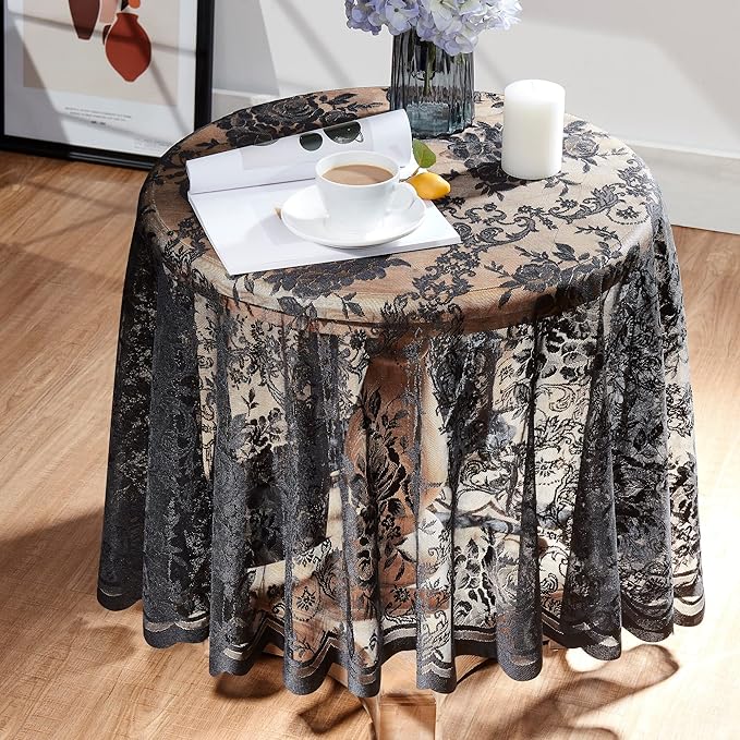 Warm Home Designs 90 Inch Round Tablecloth with English Rose Design. Use as Circle Tablecloth, Rustic Tablecloth or as Elegant Lace Table Cloth. Black Table Clothes for 6-8 Guests. LTC Black 90"