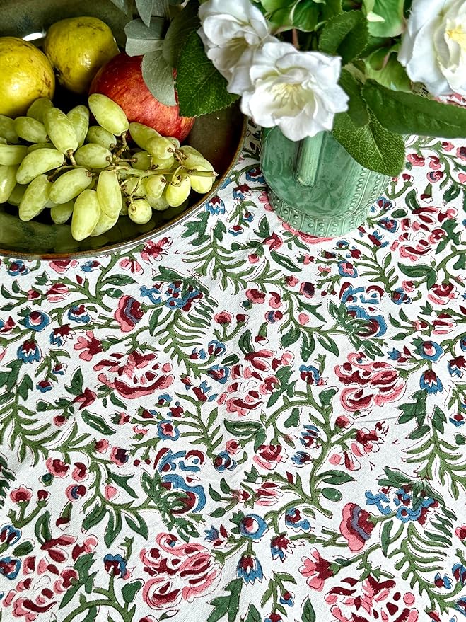 ATOSII Ambrosia 100% Cotton Rectangle Boho Spring Summer Tablecloth, Handblock Floral Table Cloth Linen for Kitchen Dining I Parties Wedding Outdoors Easter I 72 X 120 Inches I 10 Seater