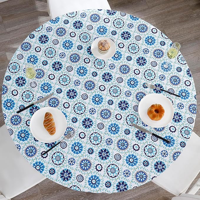 Walrus Round Vinyl Fitted Tablecloth with Flannel Backing Elastic Edge Design Table Cover Waterproof Oil-Proof PVC Table Cloth Stain-Resistant Best for 37"-44" Round