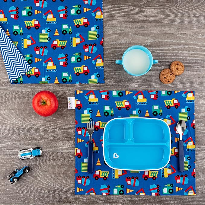 Funkins Reusable Cloth Placemats for Kids & Lunch Boxes | Reusable, Eco-Friendly | 15"x13", 2-ply, Thick, Absorbent, Machine Washable | Set of 2 Placemats (Construction)
