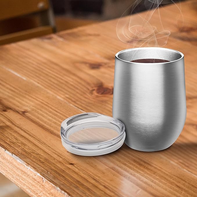 DISCOUNT PROMOS Stemless Wine Glass Tumblers with Lids by Largo 11 oz. Set of 6, Bulk Pack - Perfect for Wine, Cocktails, Other Hot & Cold Beverages - Silver