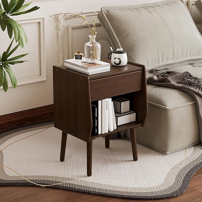 ZIYOO Nightstand with Drawer Open Shelf, Mid Century Modern Bedside Table, Small End Table for Living Room&Small Spaces, Bedroom, Walnut
