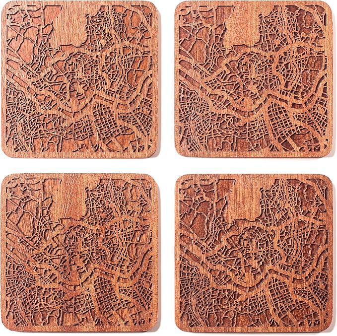Seoul Map Coaster by O3 Design Studio, Set Of 4, Sapele Wooden Coaster With City Map, Handmade