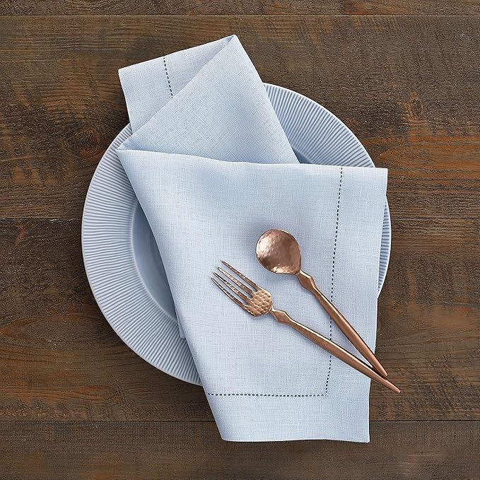 Solino Home Light Blue Linen Napkins Set of 4-100% Pure Linen Hemstitch Dinner Napkins 20 x 20 Inch for Winter, Spring, Easter - Classic Hemstitch