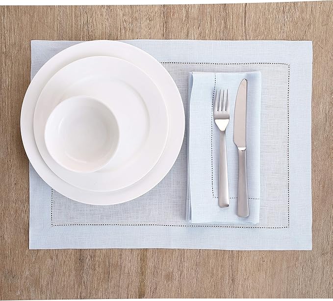 Solino Home Linen Cloth Placemats Set of 6-100% Pure Linen Hemstitch Light Blue Placemats 14 x 19 Inch - Classic Hemstitch Table Place Mats for Winter, Spring, Easter