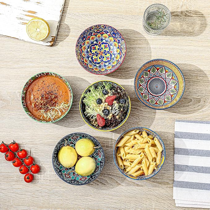 HENXFEN LEAD Boho Cereal Bowls Set of 6, 28 oz Ceramic Soup Bowls – Colorful Bowls for Salad, Oatmeal, Ramen, Rice and Pasta, Microwave & Dishwasher Safe