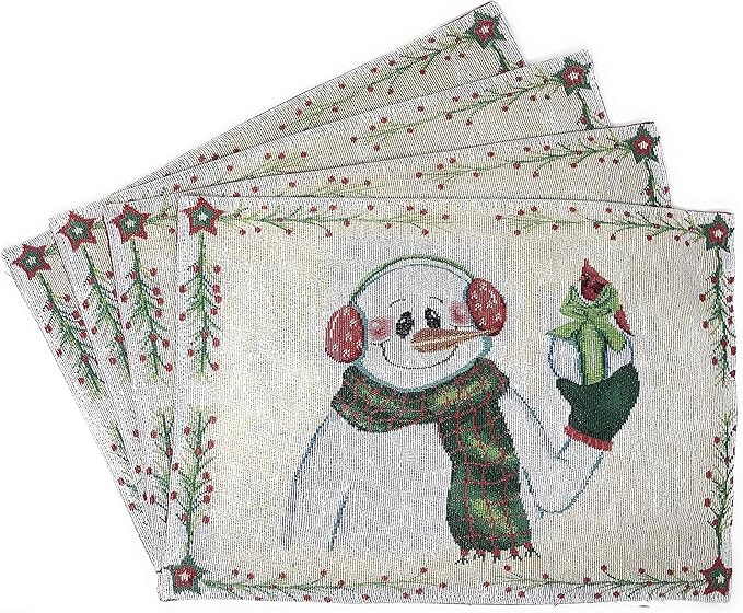 DaDa Bedding Magical Snowman Placemats - Set of 4 Festive Holiday White Tapestry - Cotton Linen Woven Dining Table Mats - 13” x 19” (9733)