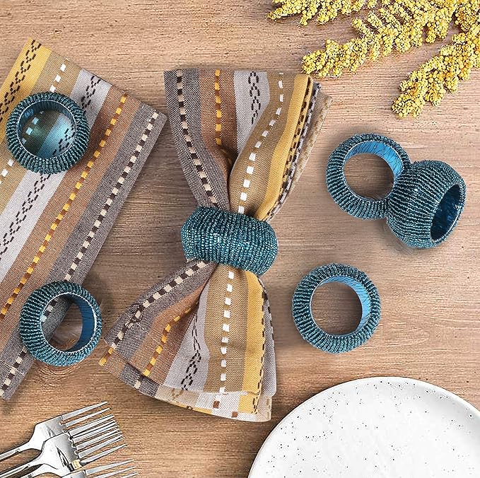 Teal Napkin Ring, Napkin Rings Set of 12, Beaded Napkin Holders, Fall Napkin Rings Bulk for Christmas Party Decoration, Dinning Table, Everyday, Family Gatherings - Set Your Table with Style - Teal