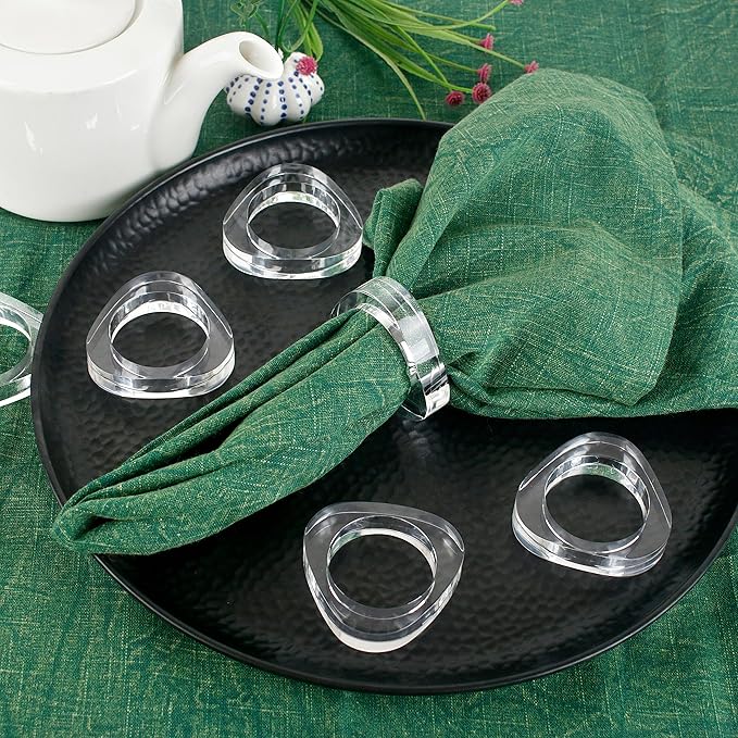 ALPHA Living HOME Clear Acrylic Napkin Rings - Set of 12 Modern Oval Beveled Holders for Cloth Napkins | Elegant Serviette Rings for Dining Table, Wedding, Party & Holiday Décor (Transparent)