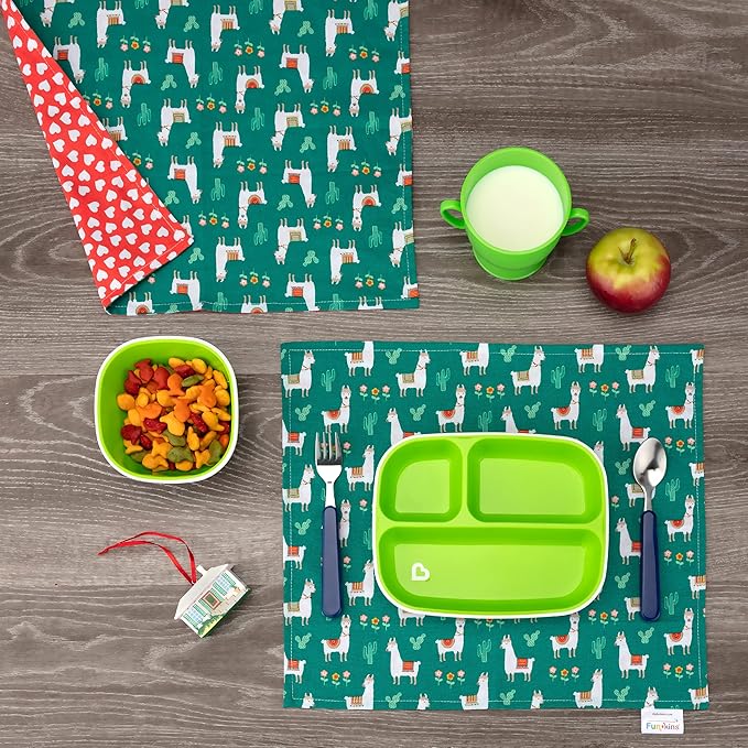Funkins Reusable Cloth Placemats for Kids & Lunch Boxes | Reusable, Eco-Friendly | 15"x13", 2-ply, Thick, Absorbent, Machine Washable | Set of 2 Placemats (Llamas)