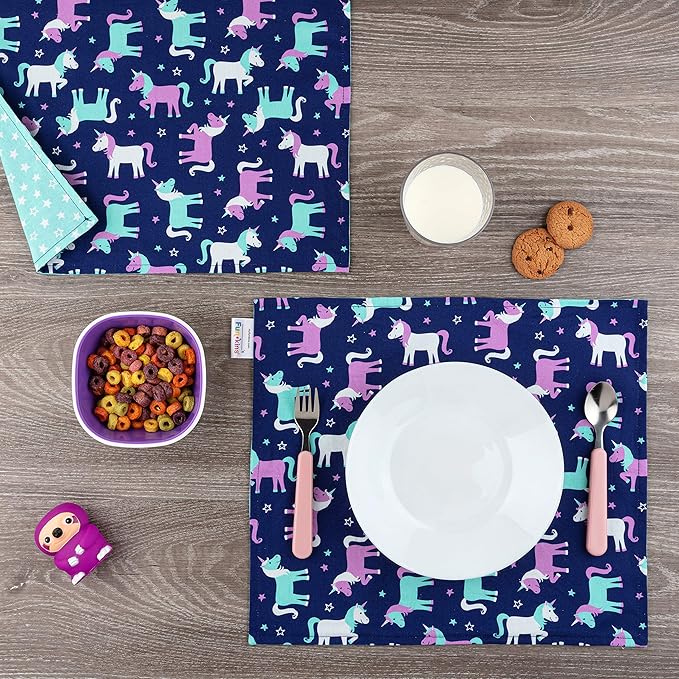 Funkins Reusable Cloth Placemats for Kids & Lunch Boxes | Reusable, Eco-Friendly | 15"x13", 2-ply, Thick, Absorbent, Machine Washable | Set of 2 Placemats (Unicorns)