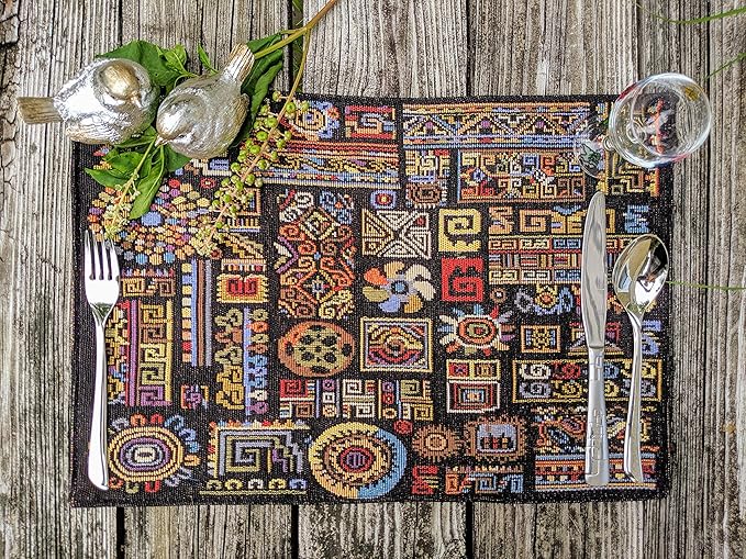 DaDa Bedding Bohemian Ethnic Ornaments Tapestry Placemats - Set of 4-Pieces Greek Ethnic Calligraphy Geometric Colorful Dark Black Design - Decorative Cotton Woven Kitchen Dining Mats - 13” x 19”