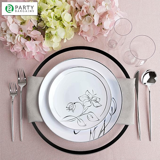 PARTY BARGAINS 13-Inch Charger Plates - 4 Pack, Clear Black Rim, Heavy-Duty Disposable Chargers for Elegant Dining - Ideal for Weddings and Formal Events