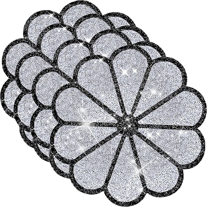 Washable Waterproof Diamond Circle Placemats for Round Tablescape Decor for Dinner and Kitchen Bling Placemats for Weddings & Special Events -4 PCS (Silver and Black)