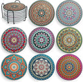 Mandala Drink Coasters with Holder - 8 Set Ceramic Boho Coaster for Drinks Absorbent with Cork Base and Black Holder - Coasters for Coffee Table Apartment Wooden Bar Mugs Glasses Cup Beer