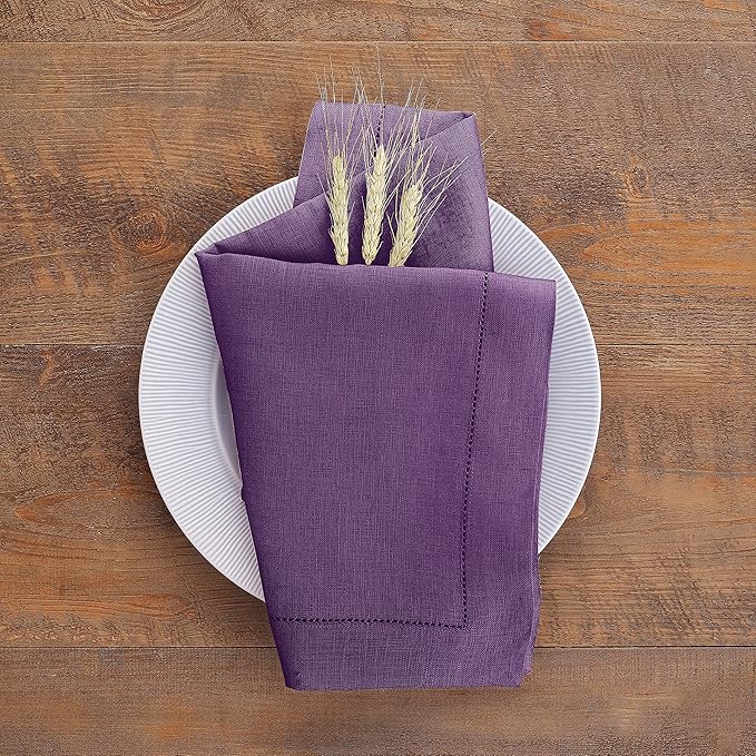 Solino Home Purple Linen Napkins Set of 4-100% Pure Linen Hemstitch Dinner Napkins 20 x 20 Inch for Winter, Valentines, Spring, Easter - Classic Hemstitch